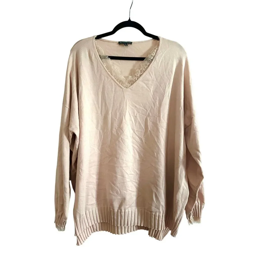 ADRIANNA PAPELL Romantic Blush Pink Lace Trim Knot Top Tunic Sweater - Sz XL - Picture 2 of 7